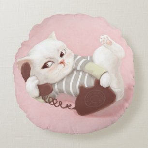 Cat on the Phone Round Pillow