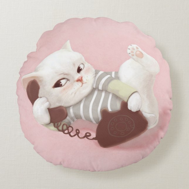 Cat on the Phone Round Pillow (Front)