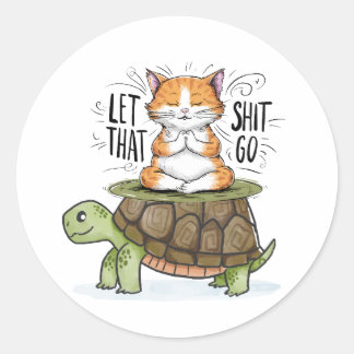 cat on turtle classic round sticker