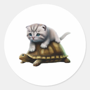 Cat on turtle classic round sticker