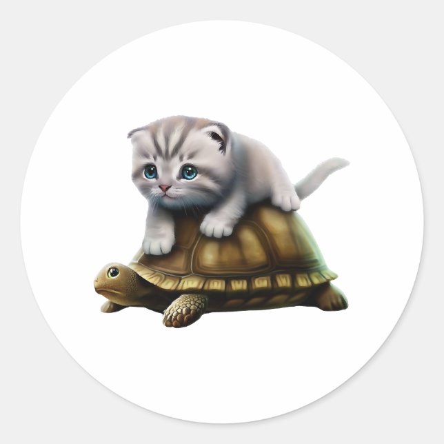 Cat on turtle classic round sticker (Front)