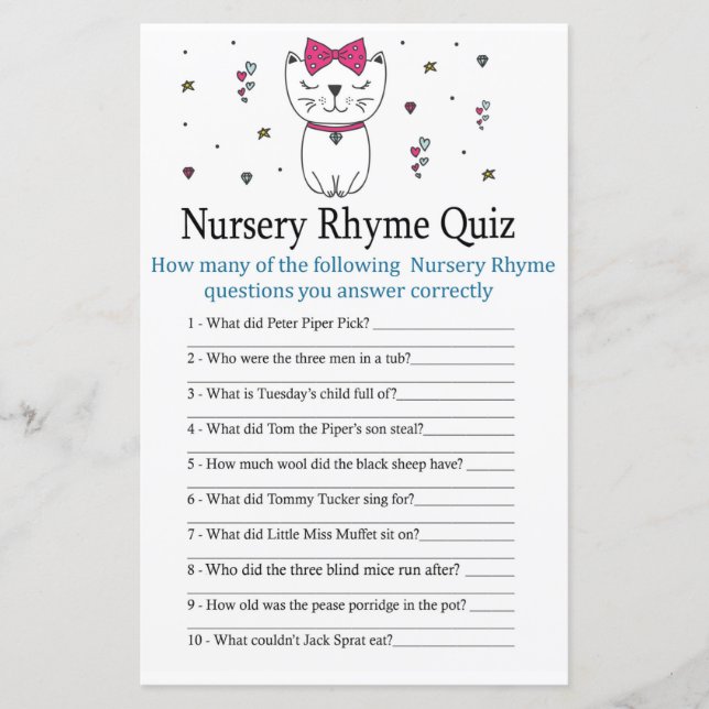 Cat or Kitten Nursery Rhyme Quiz baby shower game (Front)