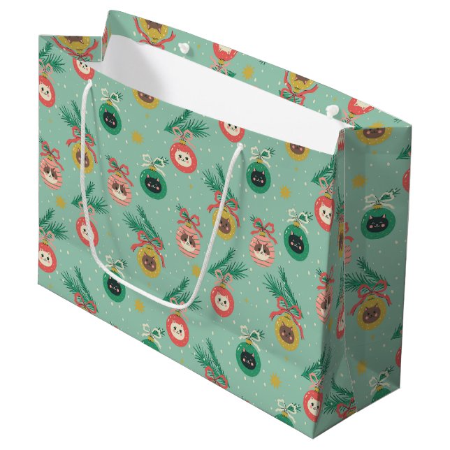 Cat Ornaments on Tree Pattern Large Gift Bag (Front Angled)