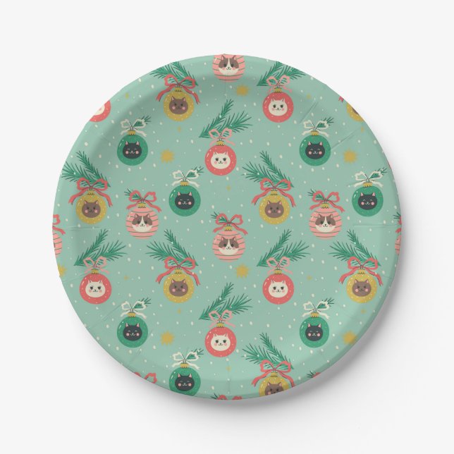 Cat Ornaments on Tree Pattern Paper Plate (Front)