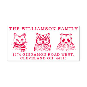 Cat, Owl & Panda Bear Animal Family Return Address Self-inking Stamp