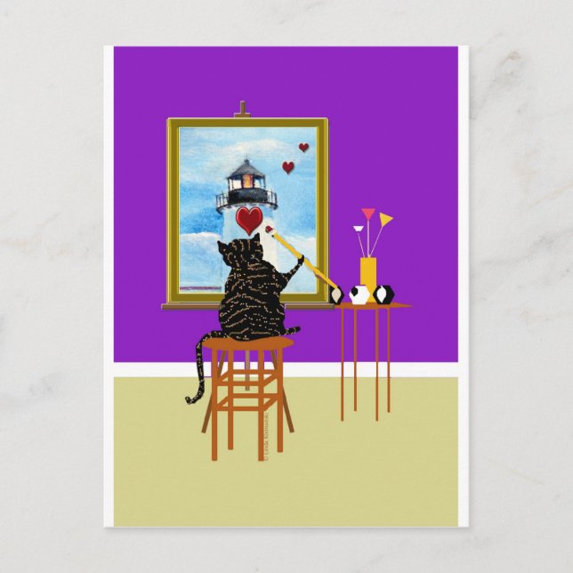 Cat Painting Light house+Hearts Postcard (Front)