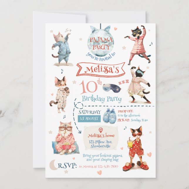 Cat Pajama Party Birthday Invitation (Front)
