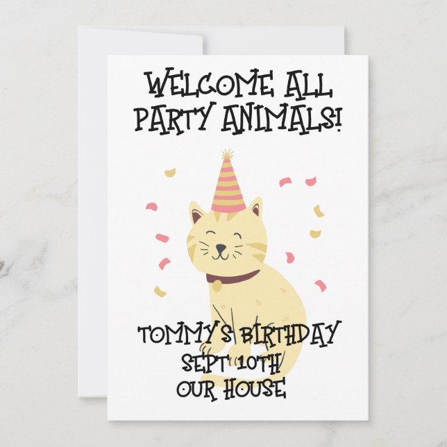 CAT PARTY ANIMALS BIRTHDAY KIDS PARTY INVITATIONS (Front)