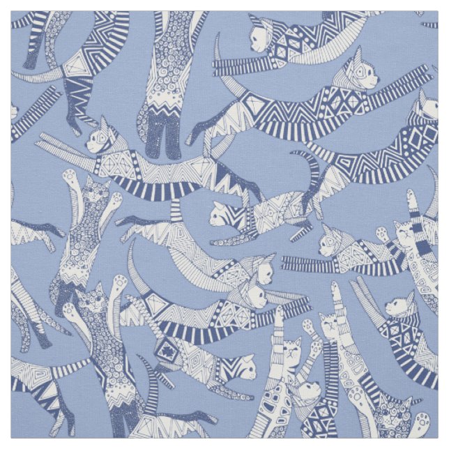 cat party blue fabric (Swatch)