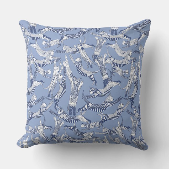 cat party blue throw pillow (Front)
