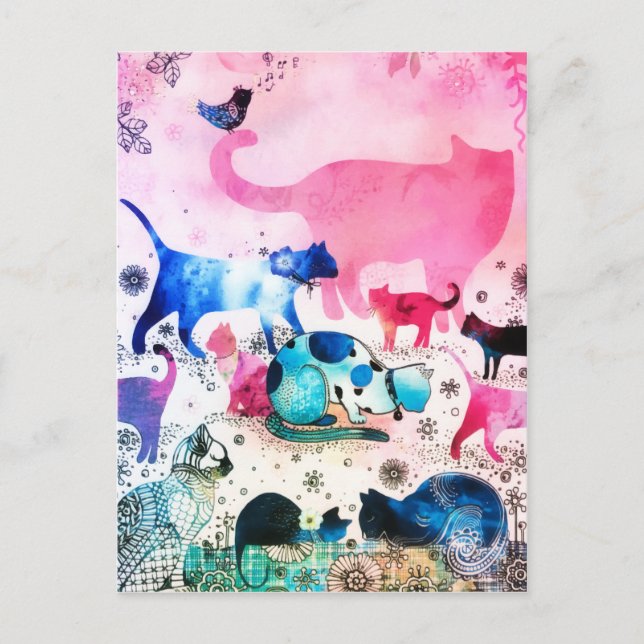 Cat Party House Glitter Art Pink Watercolor Holiday Postcard (Front)