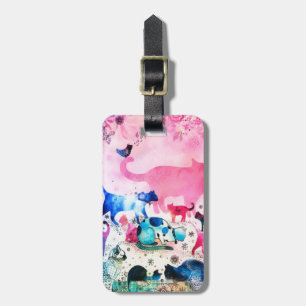 Cat Party House Glitter Art Pink Watercolor Luggage Tag