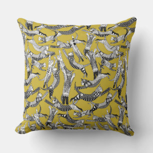 cat party ochre yellow throw pillow