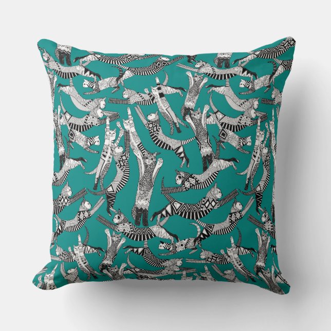 cat party teal blue throw pillow (Front)