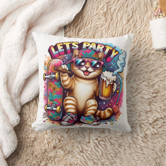 Cat partying with skateboard and drink throw pillow (Blanket)