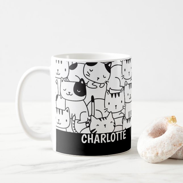 Cat Pattern Black and White Cute Personalized Coffee Mug (With Donut)
