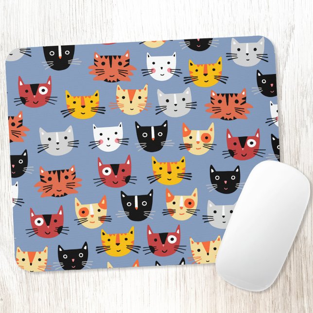 Cat Pattern Blue Mouse Pad (Fun cat faces animal lover art mousemat)
