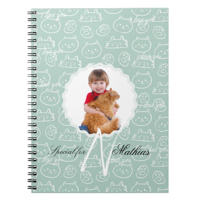 Cat Pattern Monogram Personalised your Kids Photo Notebook (Front)