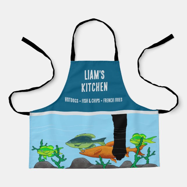 Cat paw fishing illustration, kids apron (Front)