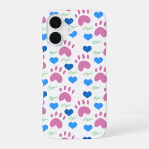 Cat Paw Hearts Meow Blue Pink Green iPhone 16 Case