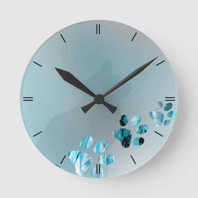 Cat Paw Light Blue Round Clock (Front)