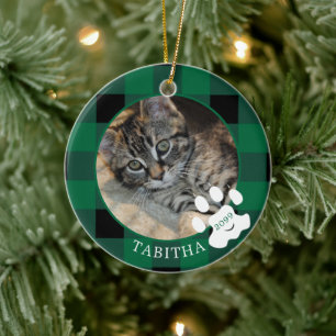 Cat Paw Print Green Buffalo Plaid Photo Ceramic Ornament