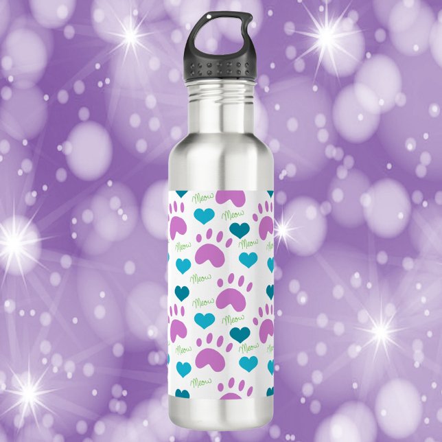 Cat Paw Print Heart Meow Pattern 710 Ml Water Bottle (A water bottle with a pattern of cat paw prints, hearts and the word meow.)