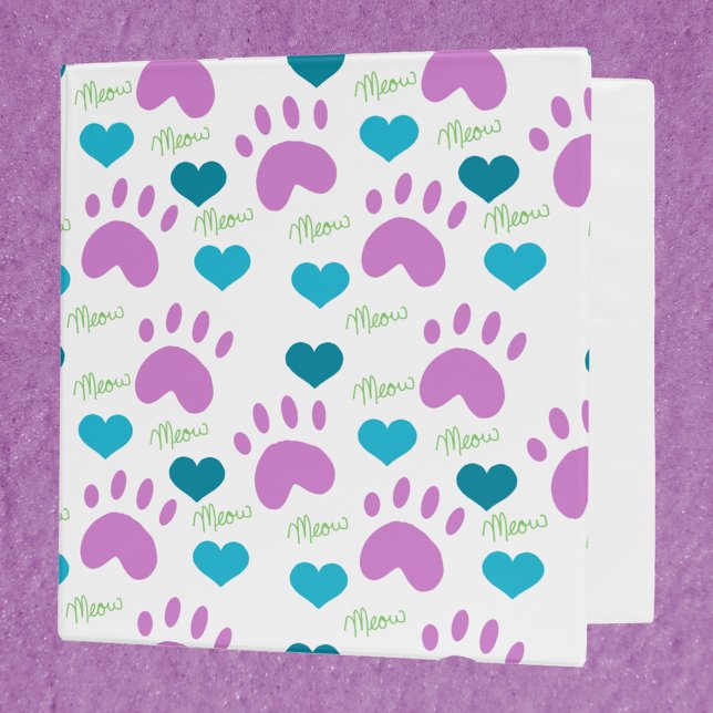 Cat Paw Print Hearts Meow Pattern Binder (A binder with a pattern of cat paw prints, hearts and the word meow.)