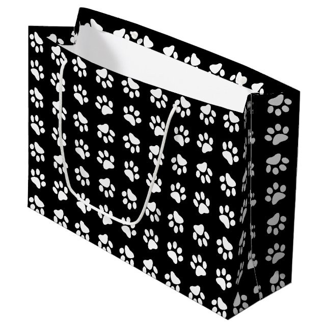 Cat Paw Print Pattern Black and White Birthday Large Gift Bag (Front Angled)