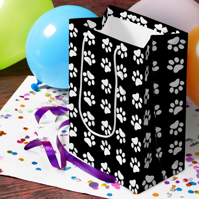 Cat Paw Print Pattern Black and White Birthday Medium Gift Bag (Creator Uploaded)