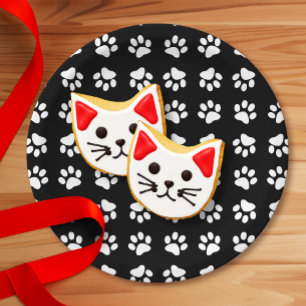 Cat Paw Print Pattern Black and White Birthday Paper Plate