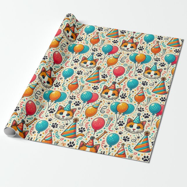 Cat Paw Prints Birthday Wrapping Paper  (Unrolled)