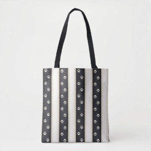 Cat Paw Prints Black & Antique White Stripes Tote Bag