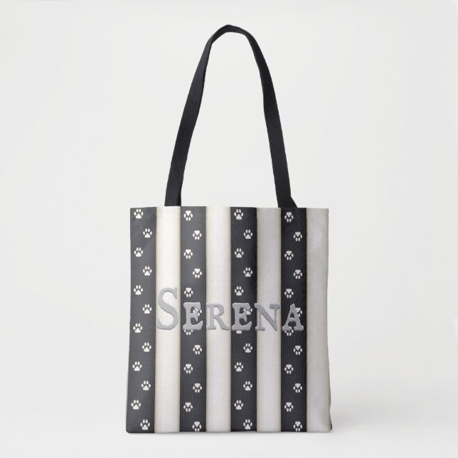 Cat Paw Prints Black & White Stripes Custom Tote Bag (Front)