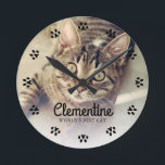 Cat Paw Prints Frame Photo Personalized Round Clock<br><div class="desc">Cats leave paw prints in your heart. 
Display your favourite cat photo with this beautiful personalized clock design perfect for the World's Best Cat Mom/Dad.</div>