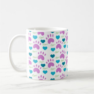 Cat Paw Prints Hearts Meow Pattern Pink Teal Green Coffee Mug