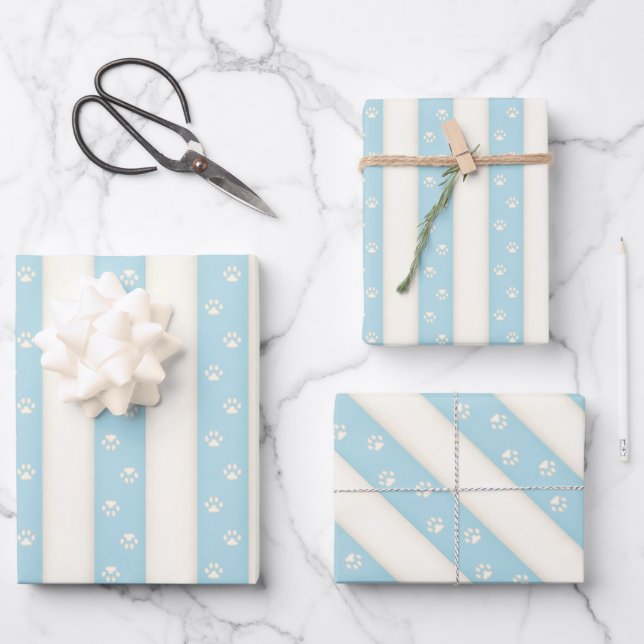 Cat Paw Prints on Pale Blue & Antique White Stripe Wrapping Paper Sheet (Front)