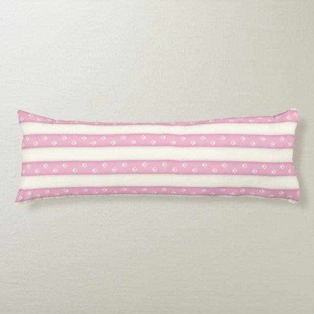 Cat Paw Prints on Pink & Antique White Stripes Body Pillow (Front)
