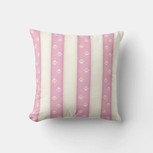 Cat Paw Prints on Pink & Antique White Stripes Throw Pillow