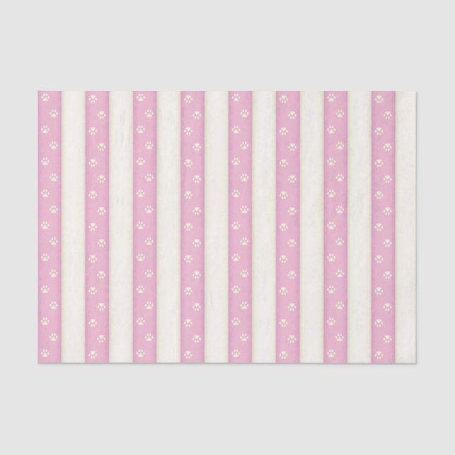Cat Paw Prints on Pink & Antique White Stripes Tissue Paper (Front)
