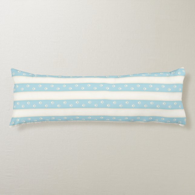Cat Paw Prints Pale Blue & Antique White Stripes Body Pillow (Front)