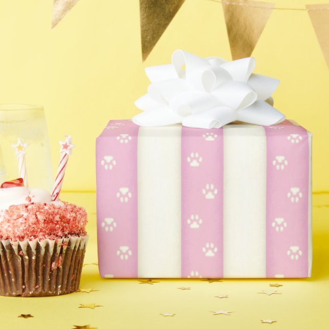 Cat Paw Prints Pink & Antique White Animal Tracks Wrapping Paper (Birthday Party)