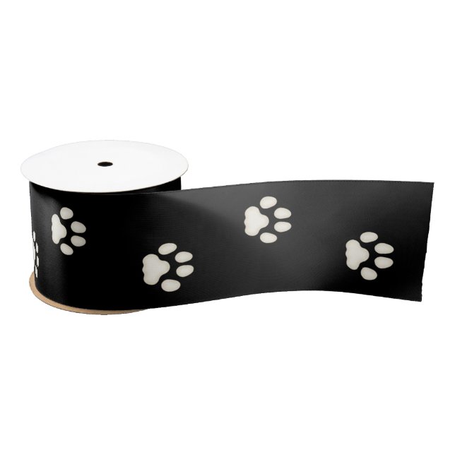 Cat Paw Prints Walking on Black 3" Satin Ribbon (Spool)
