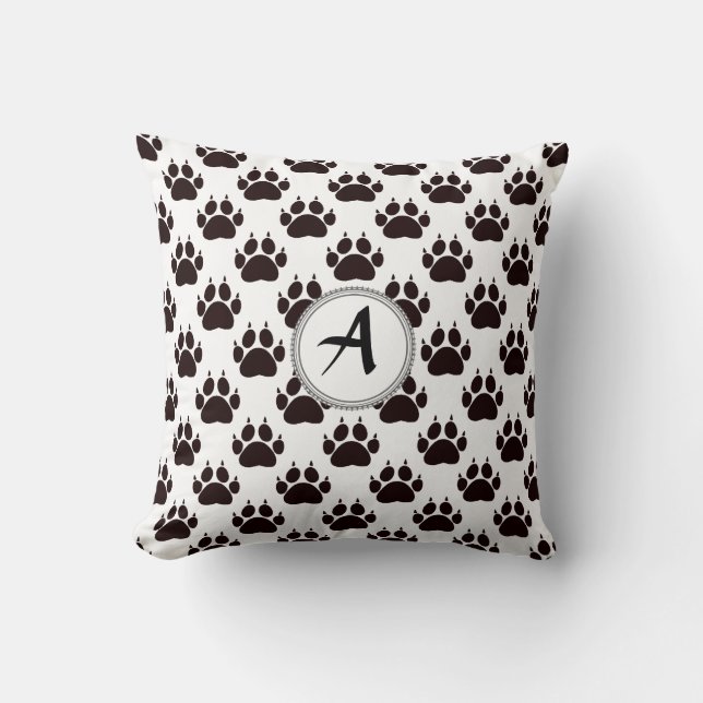 Cat Paw Prints With Monogram Throw Pillow (Front)