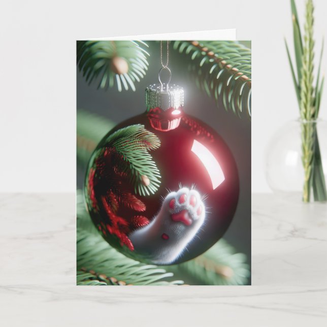 Cat Paw Reflection In Red Ornament Holiday Card (Front)