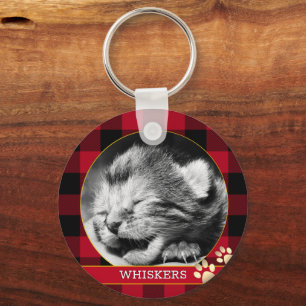 Cat Pawprint, Red Buffalo Plaid, baby Kitten Photo Keychain