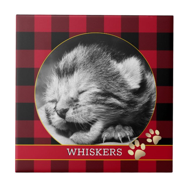 Cat Pawprint, Red Buffalo Plaid, baby Kitten Photo Tile (Front)