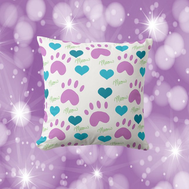 Cat Paws Hearts Meow Pattern Pink Teal Green Throw Pillow (A cute throw pillow with a pattern of hearts, cat paw prints and the word meow)