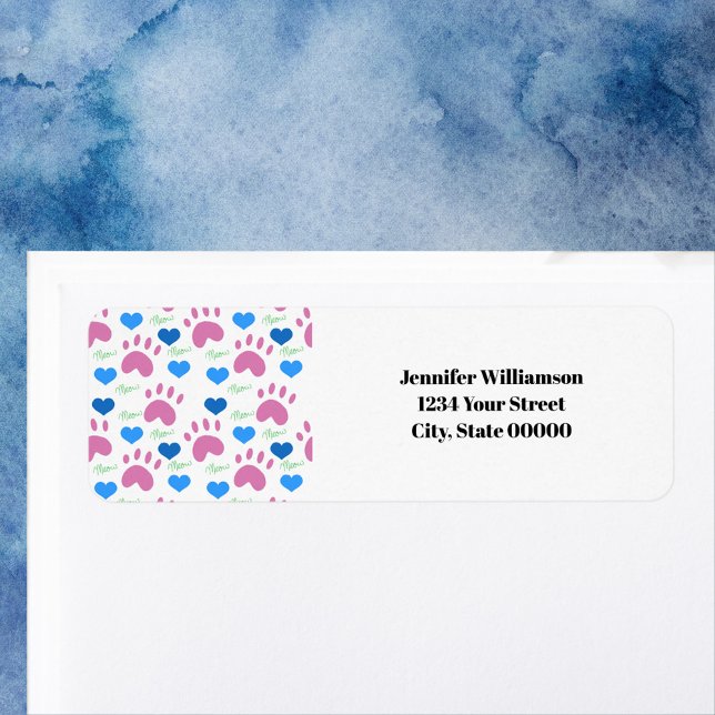 Cat Paws Hearts Pink Personalize Return Address (A return address label with pink cat paws, blue hearts and green meows.  )