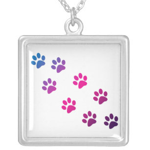 Cat Paws Pink Purple Blue Pattern Pretty Silver Plated Necklace
